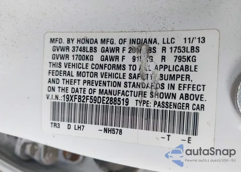 2013 Honda Civic Lx из США, поврежденный, VIN 19XFB2F59DE288519